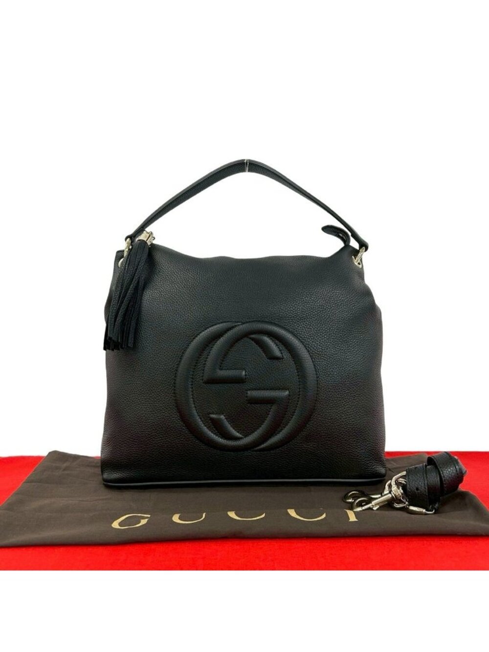 Gucci Soho Interlocking Embossed Leather Tassel 2-Way Shoulder Bag Black